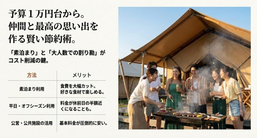 素泊まり利用や平日・オフシーズン利用など、仲間とコストを抑えて楽しむための方法をまとめた比較表