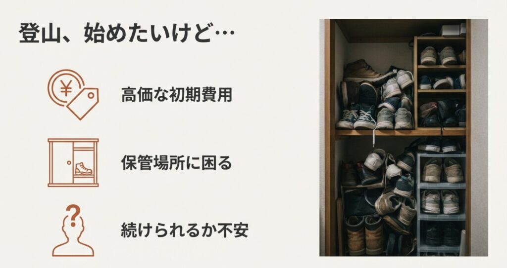 溢れかえる靴箱と登山を始める際の悩み（初期費用・保管場所・継続への不安）のイメージ図