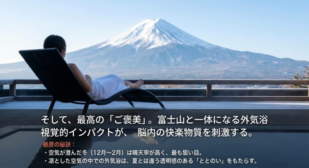 冬の澄んだ空気の中、雪化粧をした富士山を眺めながらインフィニティチェアでくつろぐ外気浴の風景