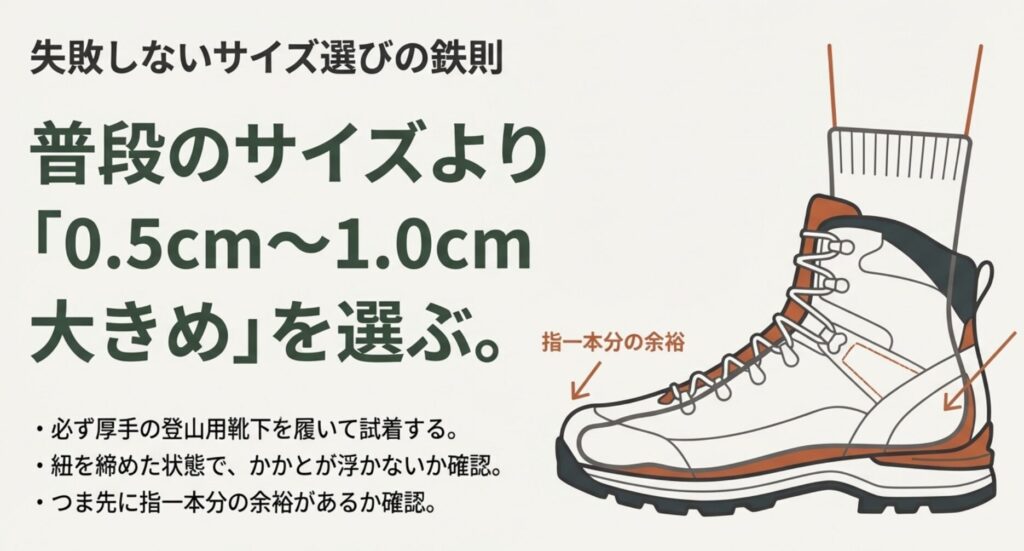 登山靴のサイズ選びの図解。厚手の靴下を履き、つま先に指一本分の余裕を持たせるフィッティングのポイント