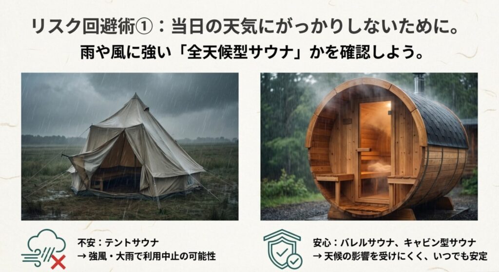 天候の影響を受けやすいテントサウナと、雨風に強いバレルサウナやキャビン型サウナのリスク回避の視点