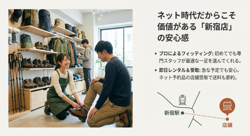 やまどうぐレンタル屋新宿店でのフィッティングの様子。専門スタッフが初心者に最適な一足を選んでいる写真