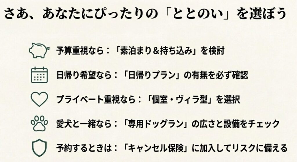 予算、日帰り、プライベート、ペット、予約保険など、自分に合った施設を選ぶための最終チェックリスト