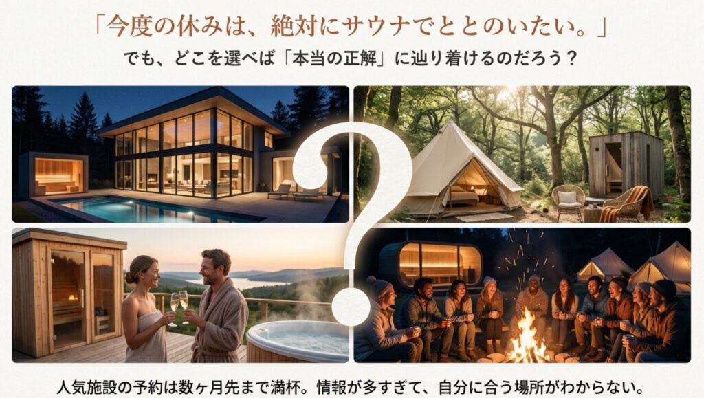 人気のサウナ施設やグランピングの写真と、予約が数ヶ月先まで満杯で自分に合う場所がわからないという悩みを表した図