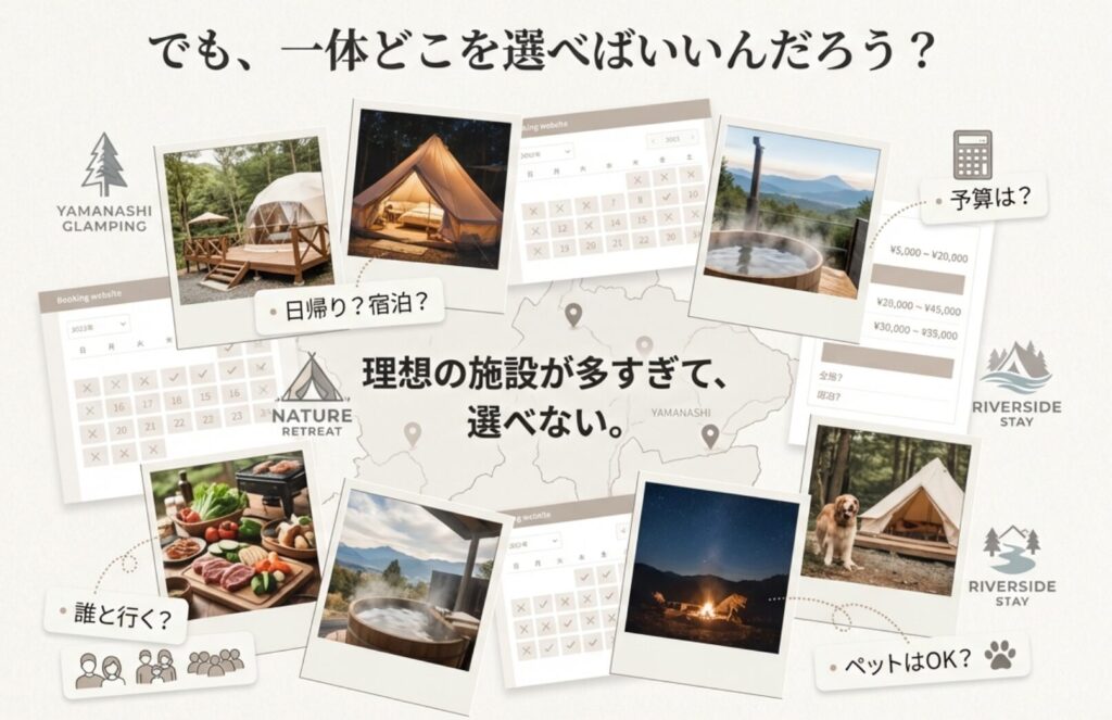 山梨のサウナグランピング施設を目的、予算、人数、ペット可否で選ぶためのフローチャート図解