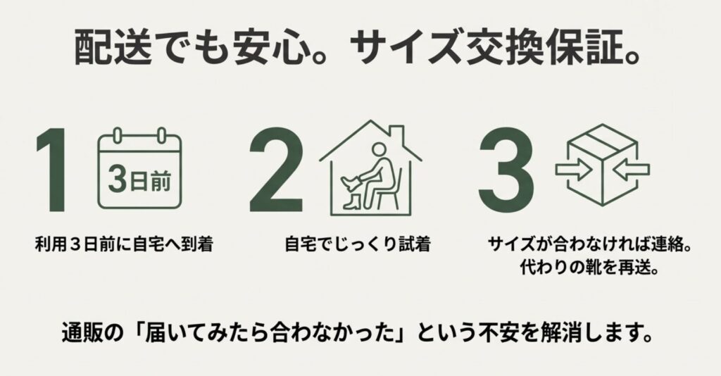 配送レンタルにおけるサイズ交換保証の流れ。利用3日前に到着し、合わない場合はすぐに交換品を手配できる仕組みの図解