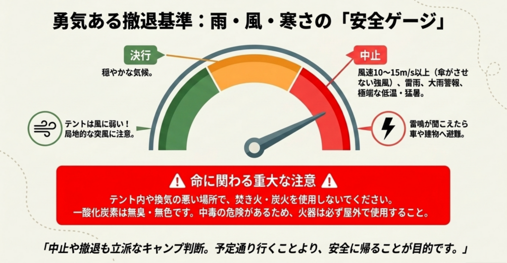 キャンプの雨・風・寒さに関する安全判断の目安