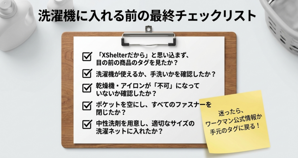 XShelterを洗濯機に入れる前に確認する洗濯表示と準備のチェックリスト