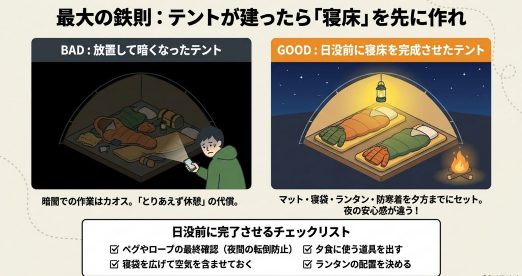 テント設営後に日没前までに寝床を作る手順