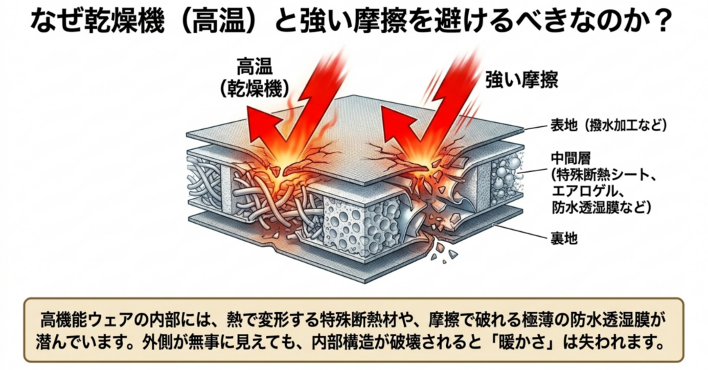 高温の乾燥機や強い摩擦がXShelterの多層構造を傷めるイメージ図